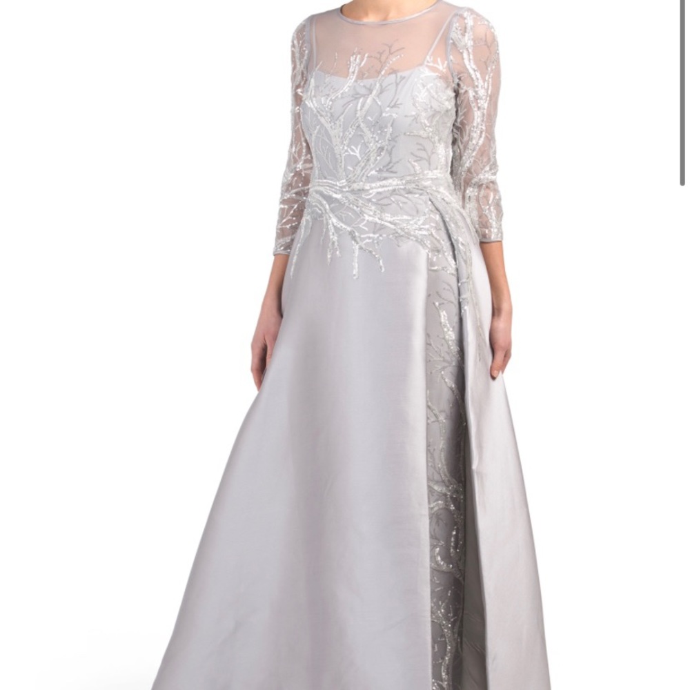 Rickie Freeman for Teri Jon Silver Gray Embellished A-Line Evening Gown